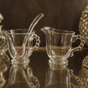 Vintage Imperial Glass Creamer & Sugar Bowl Set with Matching Ladle Clear Presse